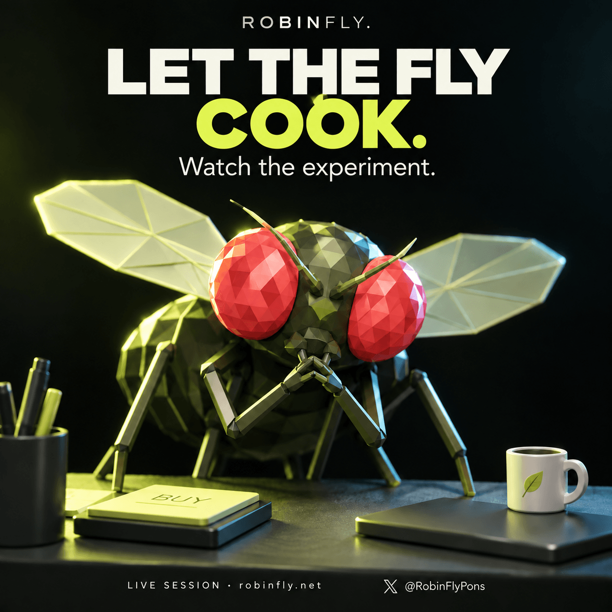 Faceted RobinFly rubbing his forelegs. Let the fly cook. Watch the experiment. Live session.