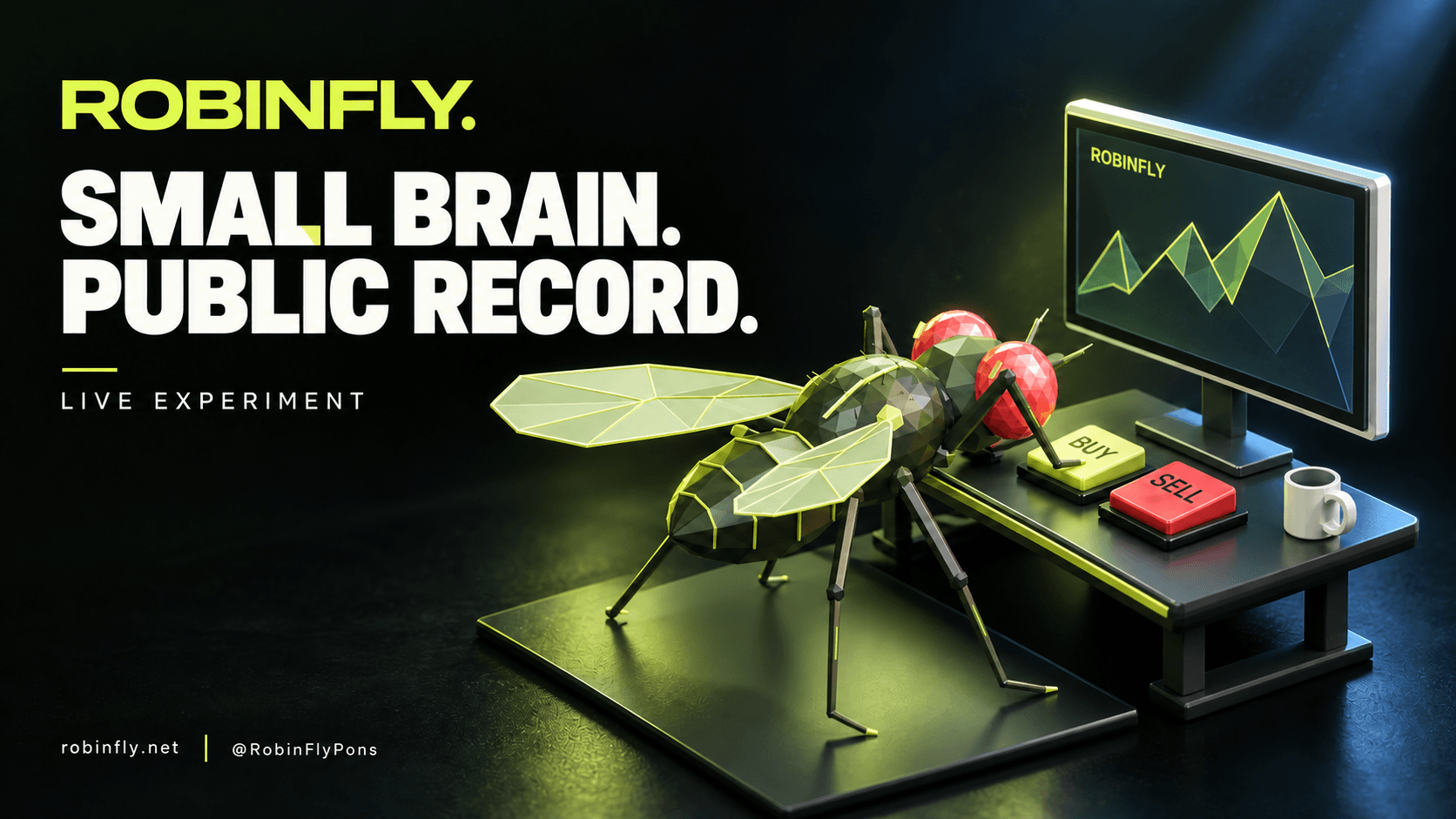 RobinFly at a miniature trading desk under lime and blue light. Small brain. Public record. Live experiment.